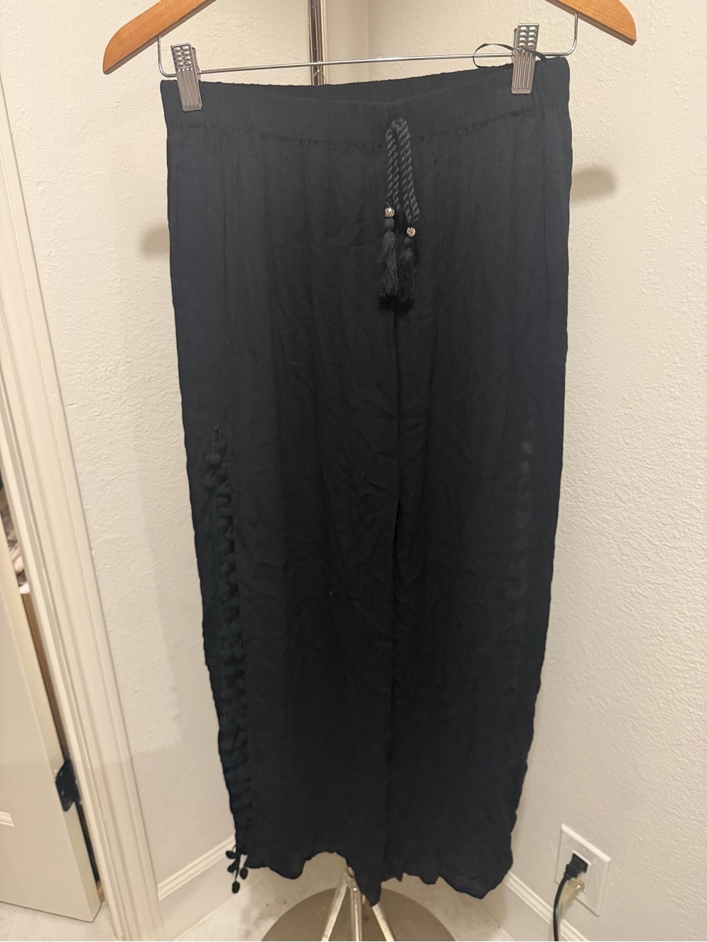 Black Drawstring Maxi Pants with Split Leg Detail and Pom Poms